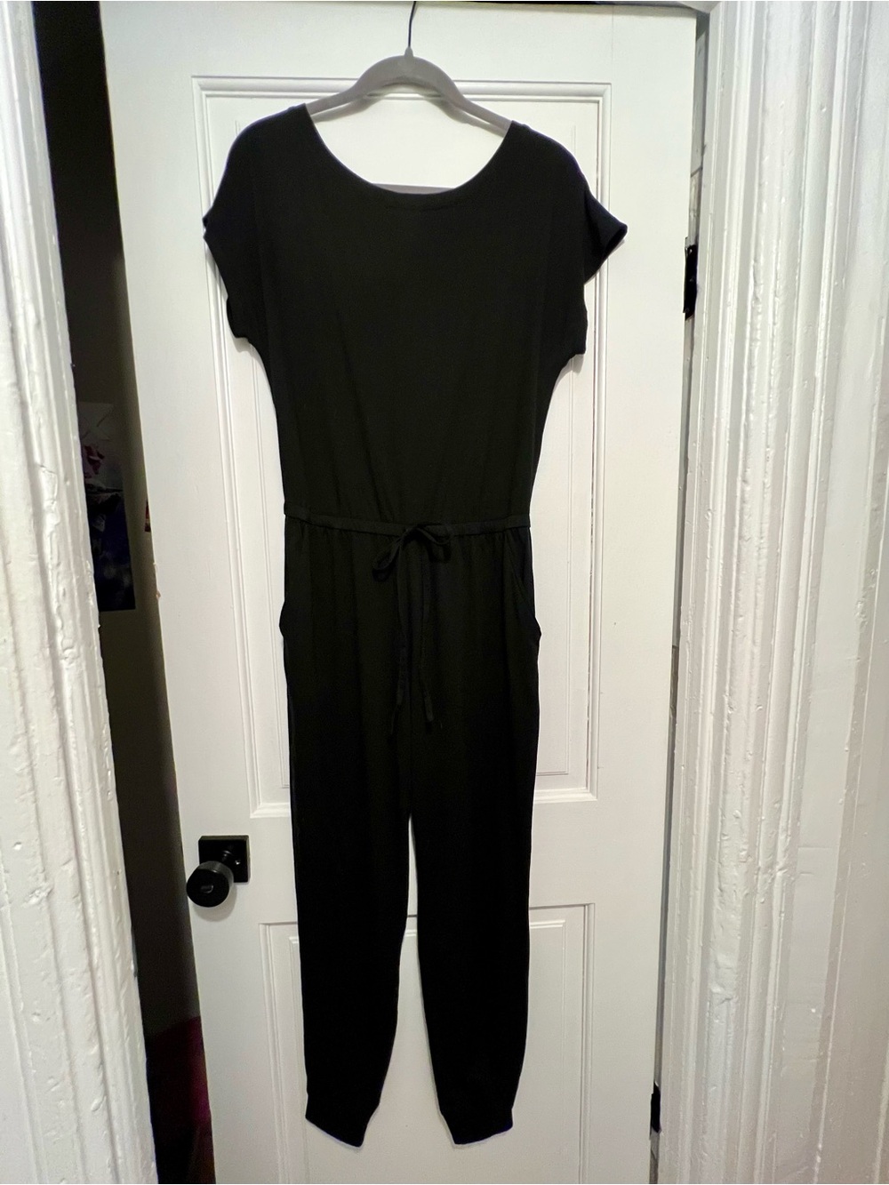 Black Short-Sleeve Drawstring Waist Jumpsuit